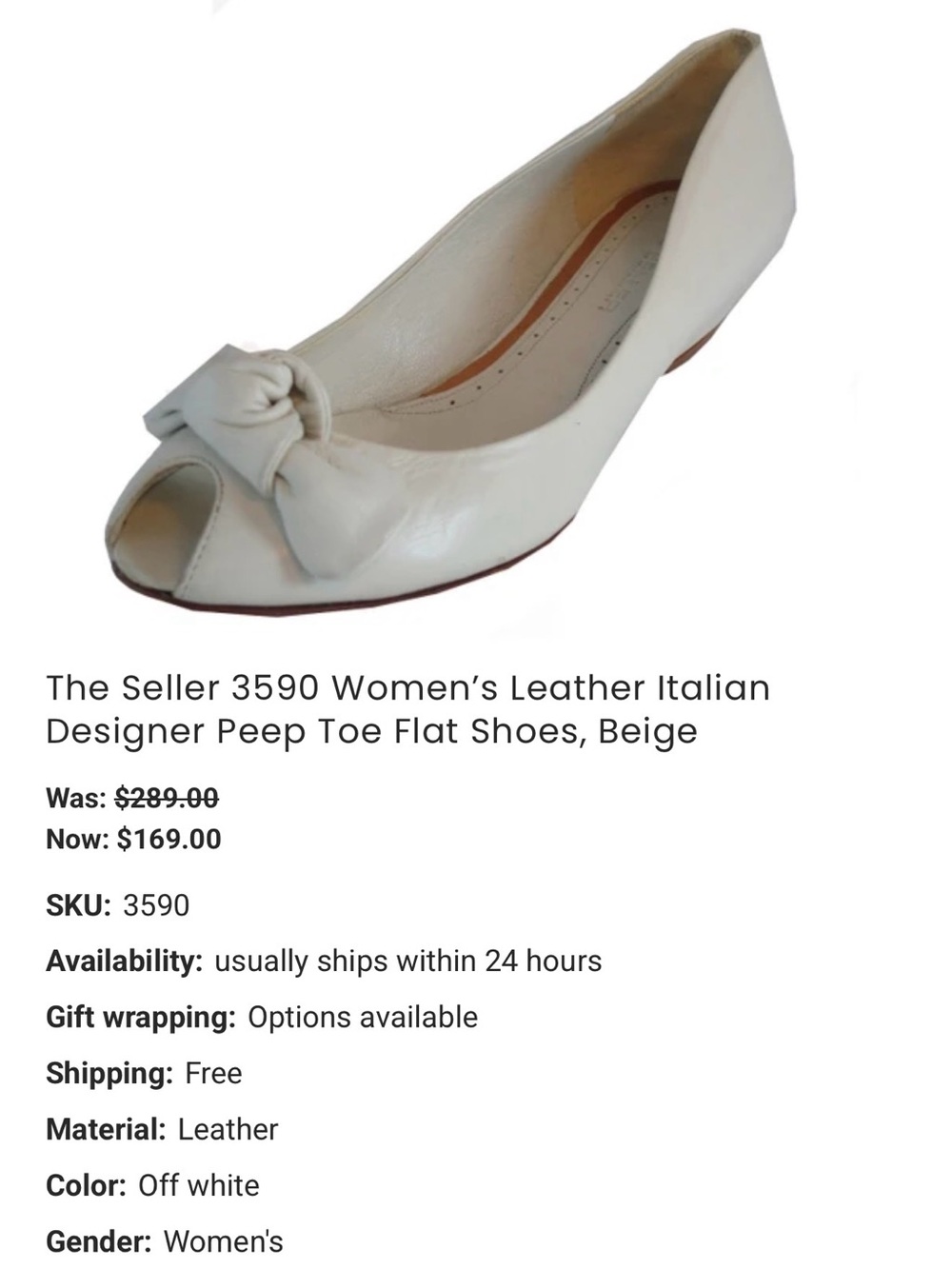 Women’s Leather Peep Toe Flats with Bow - Off White